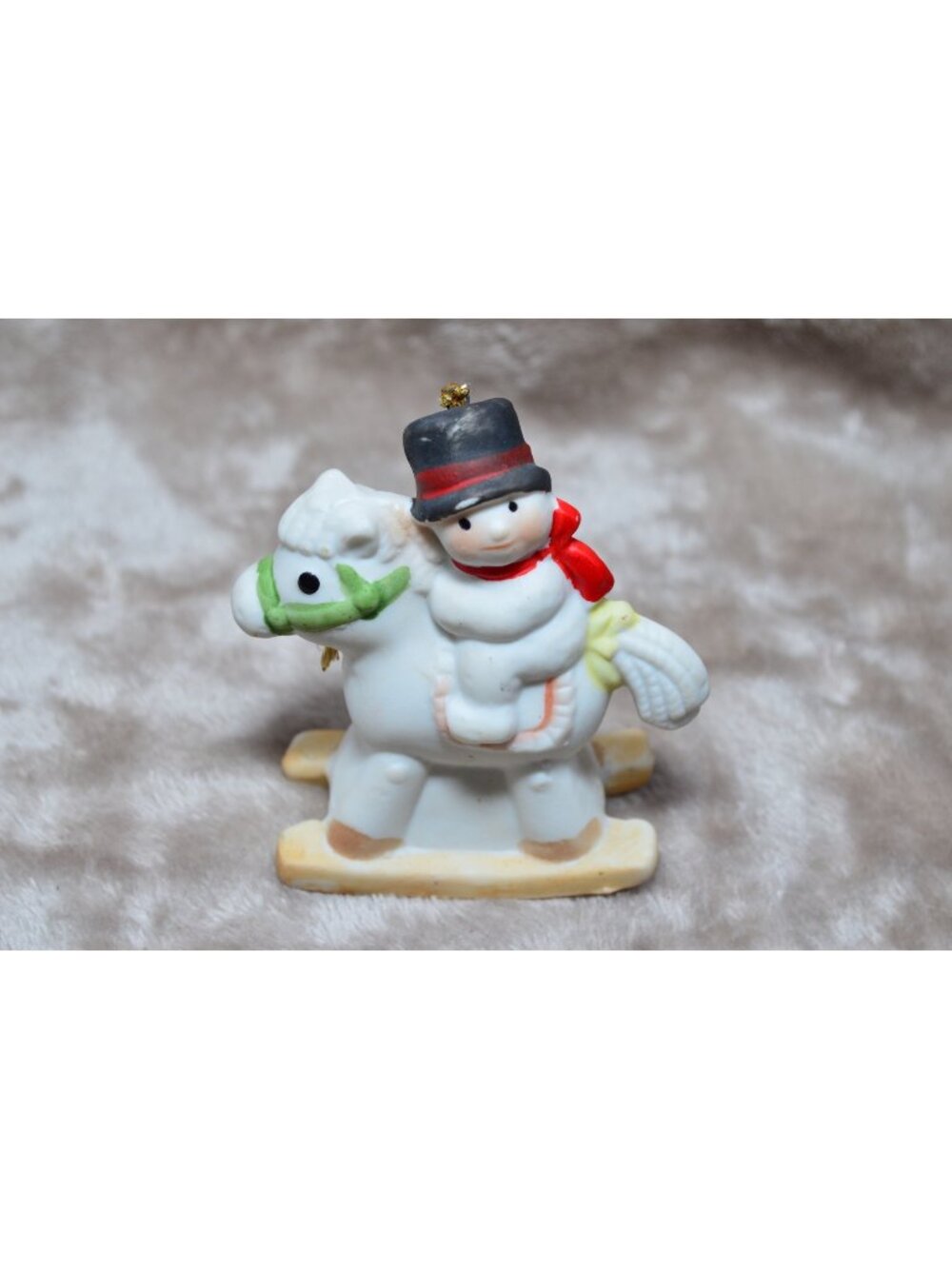 Vintage Snowman Rocking Horse Ornament Bisque Porcelain Ceramic Christmas Retro